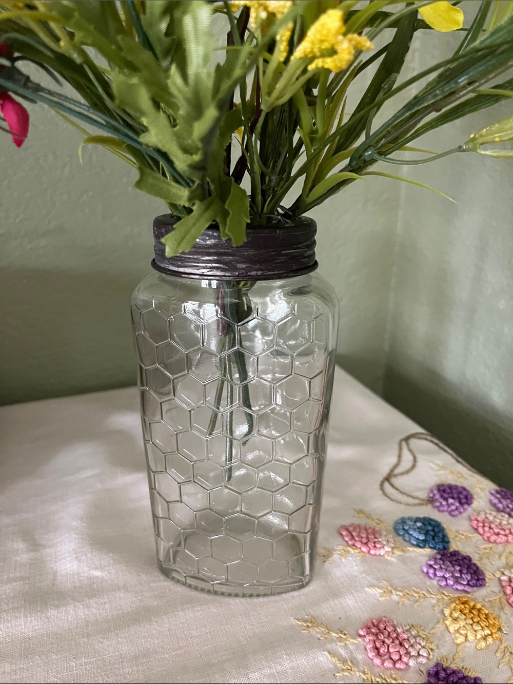 Clear Honeycomb Glass Vase with Dark Metal Rim - Home Accents
